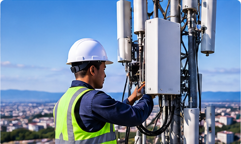 Technicien intervenant sur une antenne et des équipements de télécommunication